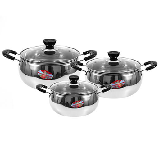 "Чебурашка" Набор кастрюль из нержавеющей стали 3 штуки: 15,5х8,3см 1,6л; 17,5х8,8см 2,2л; 19,5х9,6см 3л, крышки стеклянные, ручки-кнопки и ручки бакелитовые, сферическая форма, без теплораспределительного дна, цветная коробка (Китай)