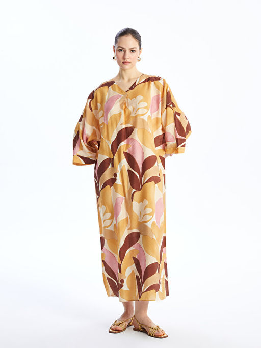 V Yaka Desenli Oversize Elbise