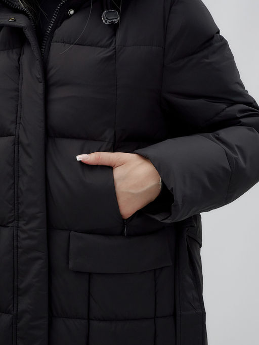 Пальто утепленное стеганное зимнее с капюшоном женское черного цвета 9609Ch - Mtforce фото 10