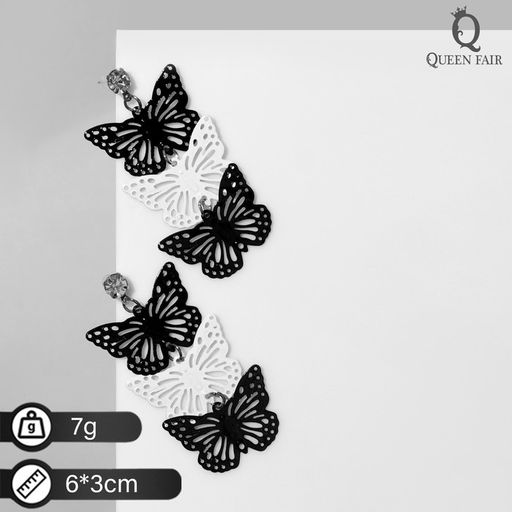 Серьги висячие Бабочка трио, цвет чёрно-белый в серебре, 6см - Queen fair фото 2