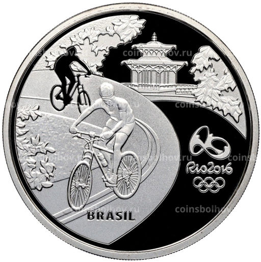 5 реалов 2015 года Бразилия XXXI Олимпийские игры 2016 года в Рио- де-Жанейро Велоспорт и Золотистый львиный тамарин (в квадрокапсуле)
