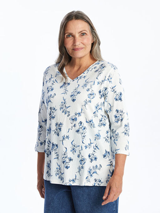 V Yaka Desenli Kad?n Bluz