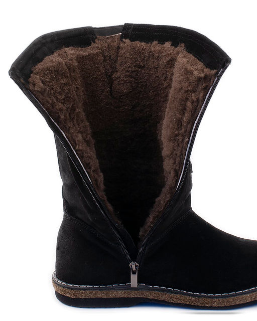 Монголки женские на войлочной подошве., Черные. Замша. Молния. Подклад овчина.