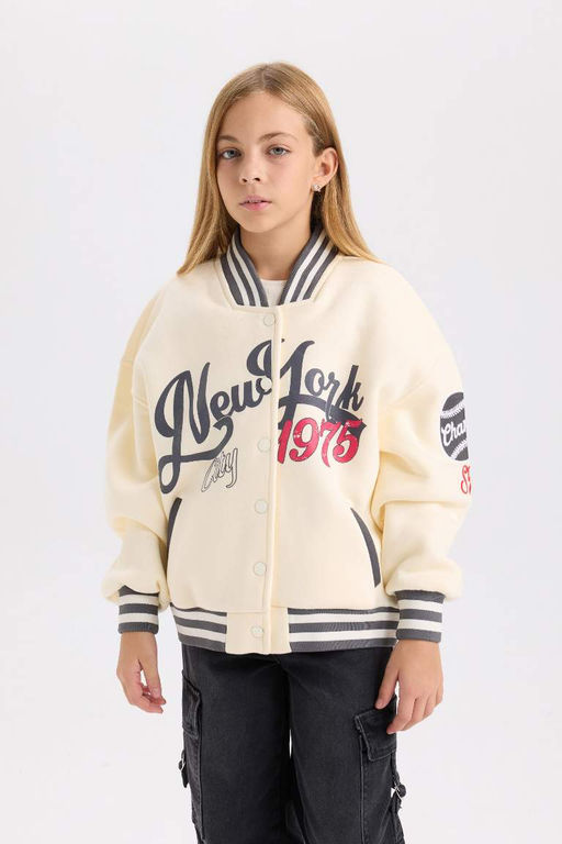 Бомбер с воротником колледжа и принтом для девочек, толстый свитшот из ткани, мягкий пушистый кардиган - Defacto фото 3