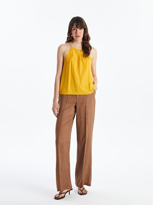 Halter Yaka D?z Keten Kar???ml? Kad?n Bluz