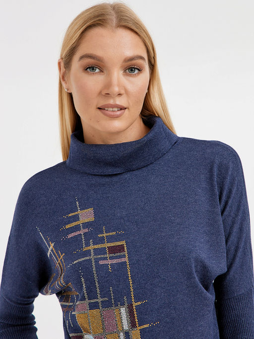 водолазка женская в синем цвете силуэта летучая мышь с добавлением страз - Glenfield фото 4