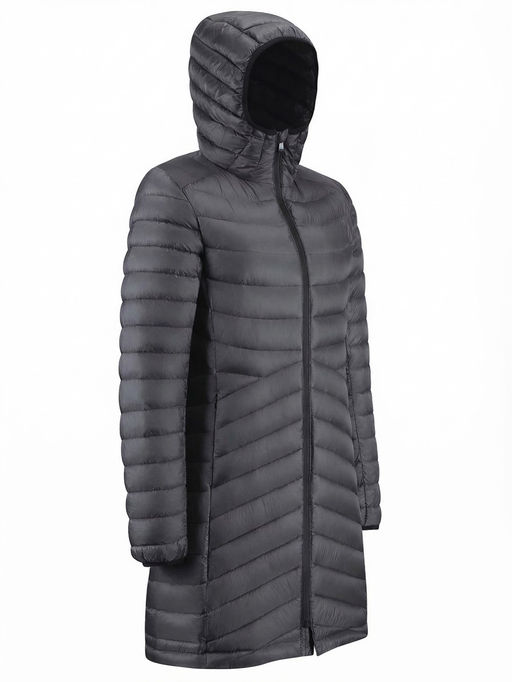 Куртка женская удлинённая стёганая с капюшоном и графеновой подкладкой черного цвета 9628_1Ch