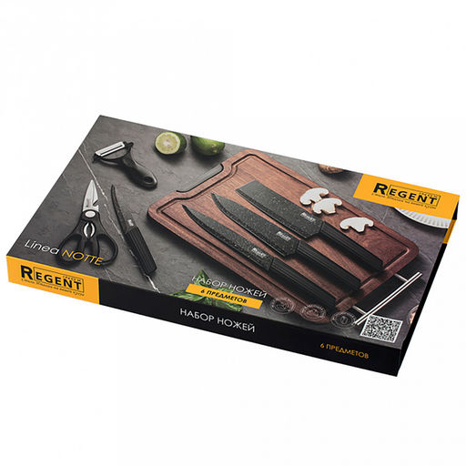 Набор ножей Linea Notte 6 предметов, ножи из нержавеющей стали с двухсторонней заточкой, ножницы и овощечистка с керамическим лезвием, ручки из полипропилена с термопластичной резиной, черный, в цветной коробке, Regent (Китай) - Домашняя мода фото 3