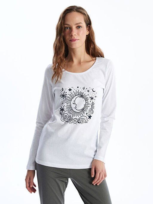 Bisiklet Yaka Bask?l? Kad?n Pijama Tak?m?