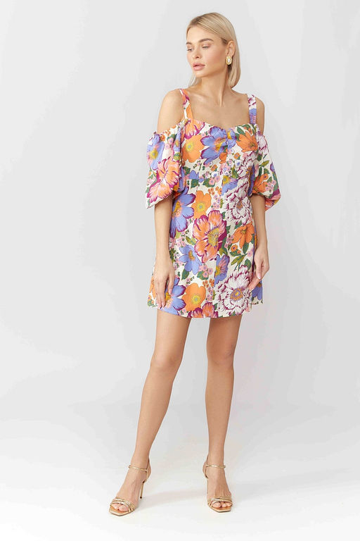 Льняное платье мини на бретелях с объемным рукавом и расклешенной юбкой в принте Цветы винтаж - Serginnetti фото 6