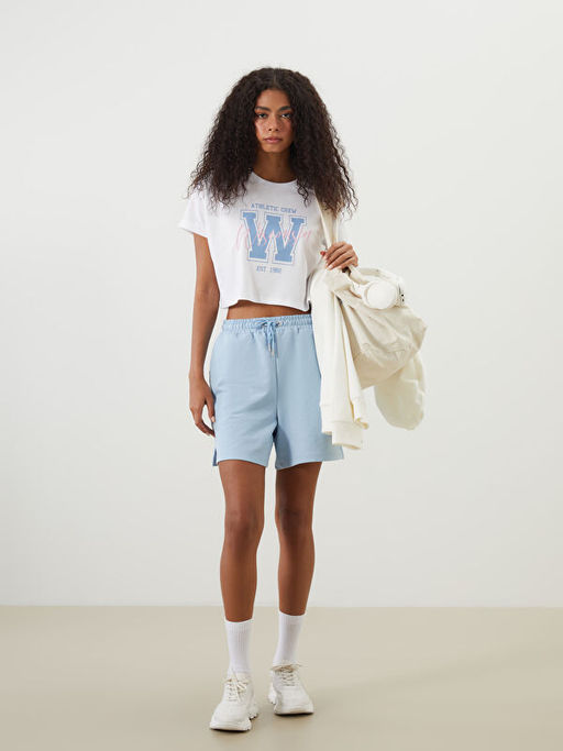 Bisiklet Yaka Bask?l? Crop Kad?n Spor Ti??rt