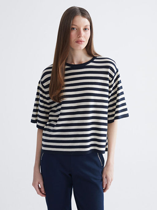 Bisiklet Yaka ?izgili Kad?n Triko Kazak