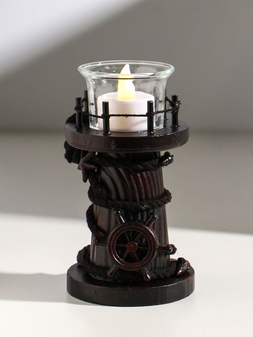 Подсвечник на 1 свечу «Маяк и штурвал», дерево, стекло, 8.5×8.5×15.5 см