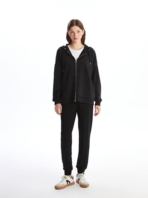 Kap??onlu D?z Oversize Kad?n Fermuarl? Sweatshirt