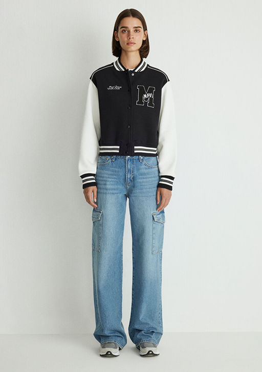 M Logo Patchli Siyah Bomber Ceket - Mavi фото 2