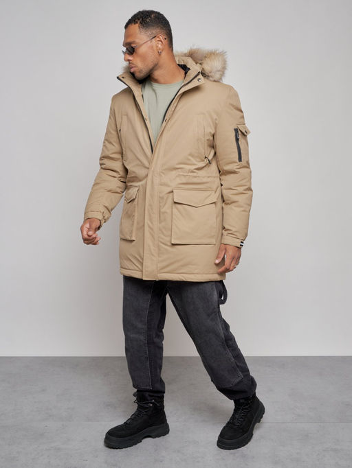 Парка мужская зимняя удлиненная с мехом бежевого цвета 8318B - Wonderrman фото 12