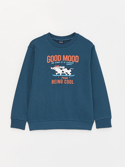 Bisiklet Yaka Bask?l? Uzun Kollu Erkek ?ocuk Sweatshirt