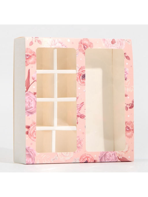 Цена за 5 шт. Коробка под 8 конфет и шоколад с ячейками Розовые цветы 18 х 18 х 4 см - Дарите счастье фото 4