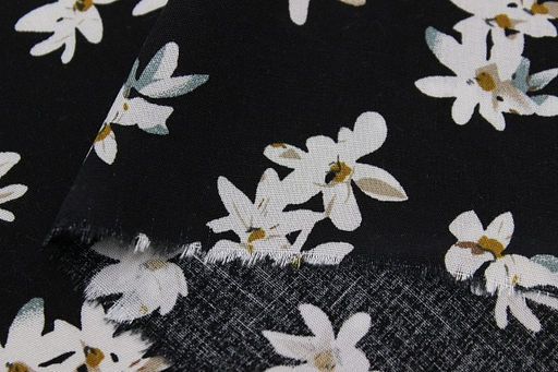 Штапель Жасминовые цветочки на черном, ш.1.45м, вискоза-100%, 100гр/м.кв - Купава фото 3