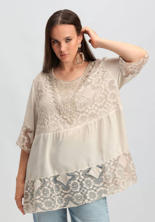 Блуза ярусная кружевная бежевый