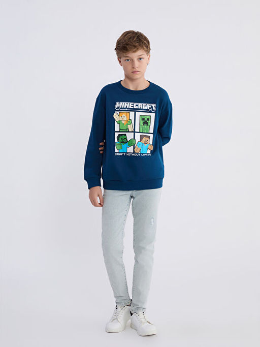 Bisiklet Yaka Minecraft Bask?l? Erkek ?ocuk Sweatshirt