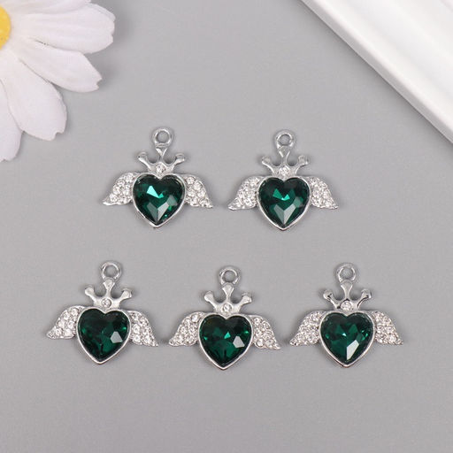 Цена за 5 шт. Декор для творчества металл, стразы «Сердце с крыльями», серебро, 2.2×2.4×0.5 см