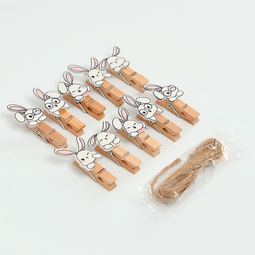 Цена за 2 шт. Прищепки декоративные с верёвкой для подвеса «Зайчики» набор 10 шт. — 1.5×12×14 см