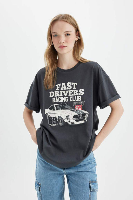 Широкая футболка с короткими рукавами и круглым вырезом оверсайз с принтом - Defacto фото 3