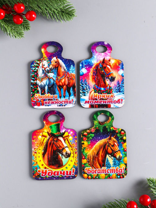 Набор магнитов на холодильник 4 шт., «Доска разделочная с конём: Богатства, удачи, любви и нежности, ярких моментов»