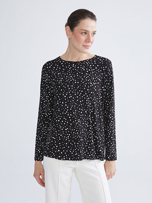 B?y?k Beden Bisiklet Yaka Desenli Bluz