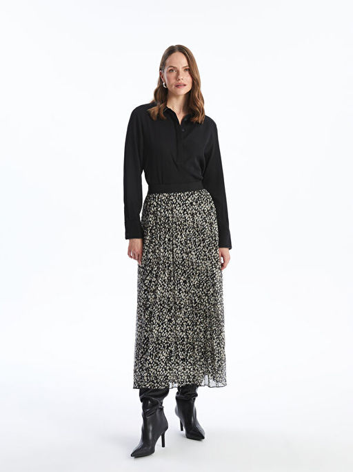 Beli Lastikli Desenli ?ifon Kad?n Pileli Etek