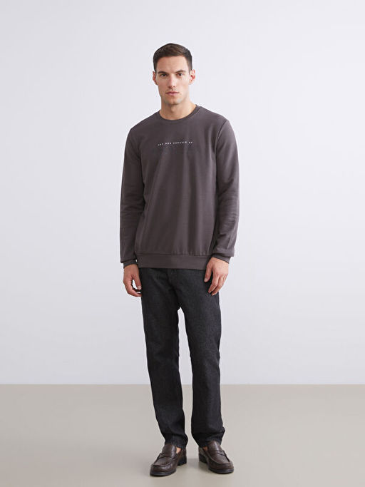 Bisiklet Yaka Bask?l? Erkek Kal?n Sweatshirt