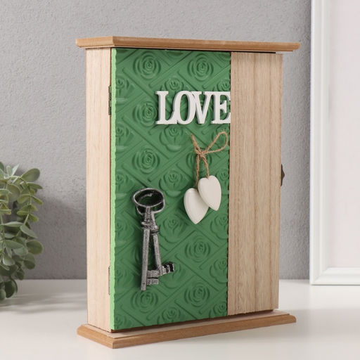 Ключница настенная Отпечаток листьев. Ключи и сердце, дерево, 6 крючков, зелень, 6.5?20?26.5 см