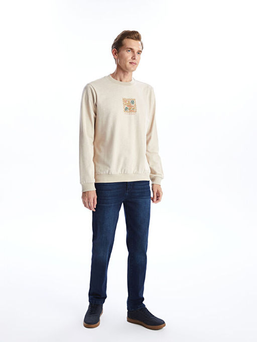 Bisiklet Yaka Bask?l? Erkek Kal?n Sweatshirt