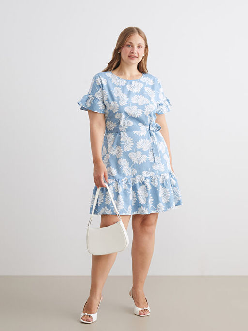 Bisiklet yaka ?i?ekli F?rf?rl? Jean Elbise