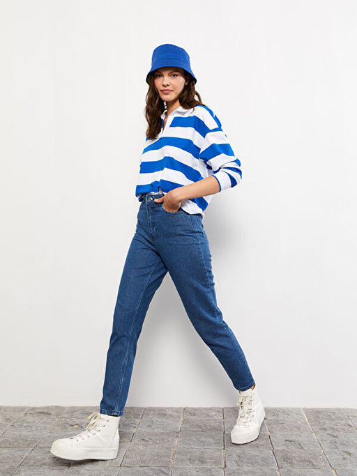 Kad?n Y?ksek Bel Mom Fit D?z Jean Pantolon