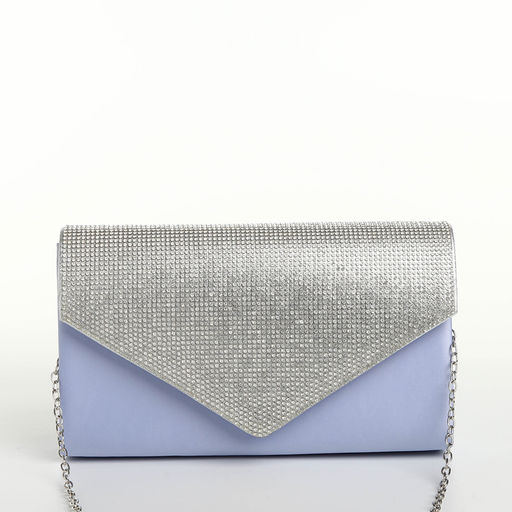 Сумка-клатч женская вечерняя на магните, на длинной цепочке, комбинированная, голубая/серебристая