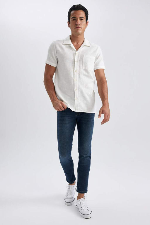 Хлопковая рубашка обычного кроя с открытым воротником и короткими рукавами - Defacto фото 2