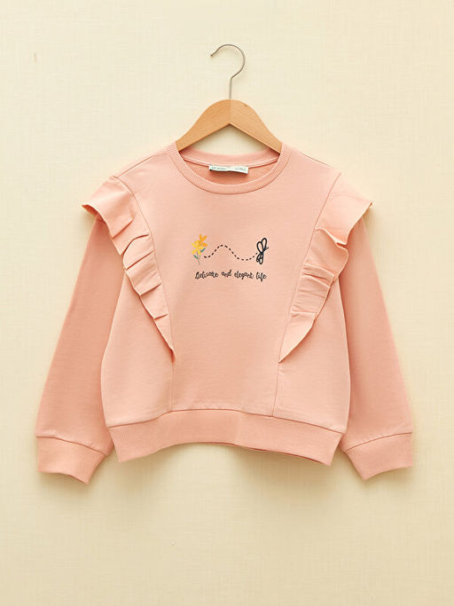 Bisiklet Yaka Bask?l? Uzun Kollu K?z ?ocuk Sweatshirt