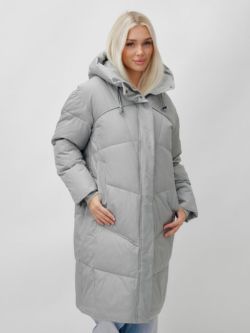 Пальто летучая мышь женское с капюшоном зимнее серого цвета 9616Sr