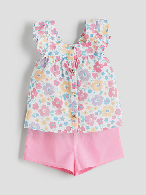 Kare Yaka ?i?ekli K?z Bebek Bluz ve ?ort 2li