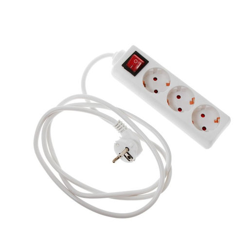 Удлинитель Luazon Lighting, 3 розетки, 1,8 м, 10 А, 2200 Вт, 3х0.75 мм2, с заземлением, с выключателем, белый