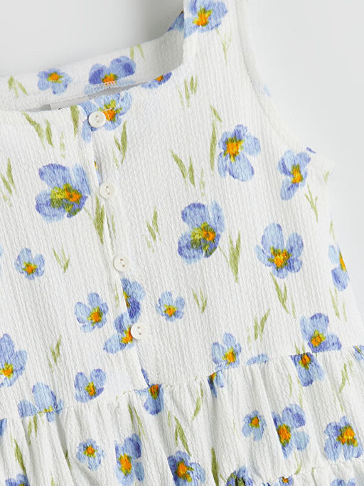 Kare Yaka ?i?ekli K?z ?ocuk Elbise