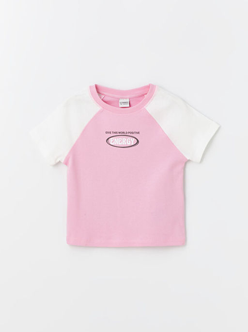 Bisiklet Yaka Bask?l? K?sa Kollu K?z ?ocuk Crop Ti??rt