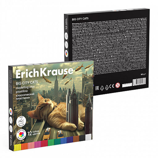 Цена за 1 шт. Пластилин классический ErichKrause Big City Cats 12 цветов со стеком, 180 г (в коробке 12 шт)  фото 4