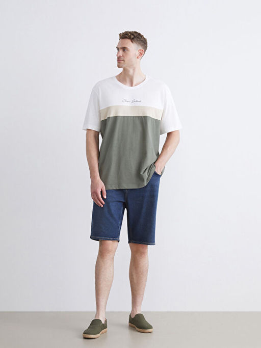 Bisiklet Yaka Renk Bloklu Penye Erkek Ti??rt