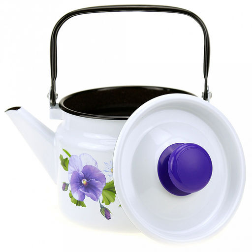 "Анютины глазки" Чайник эмалированный 2л, д16см, h13см, металлическая крышка с пластмассовой ручкой-кнопкой, металлическая подвижная ручка (Россия)