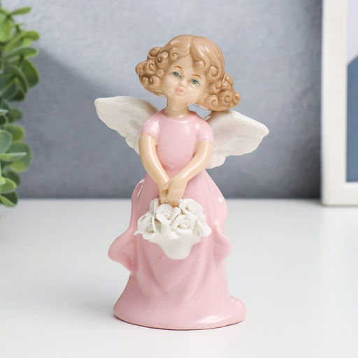 Фигурка керамика «Ангелочек-девочка с корзинкой белых роз», 14×5×8 см, МИКС