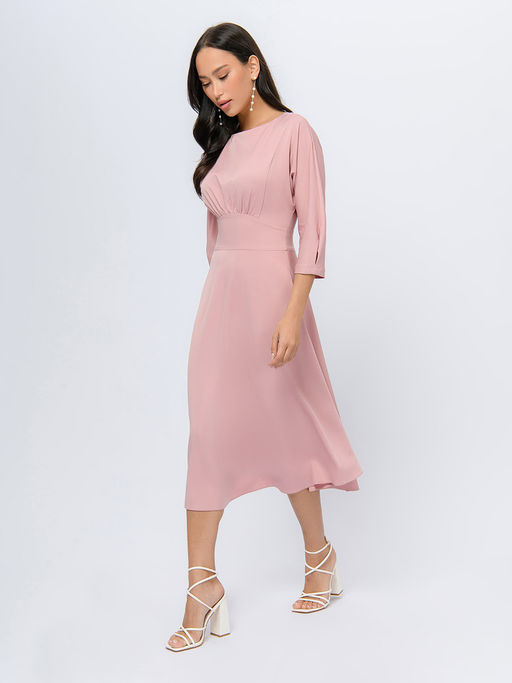 Платье пудрового цвета длины миди с расклешенной юбкой - 1001dress фото 3