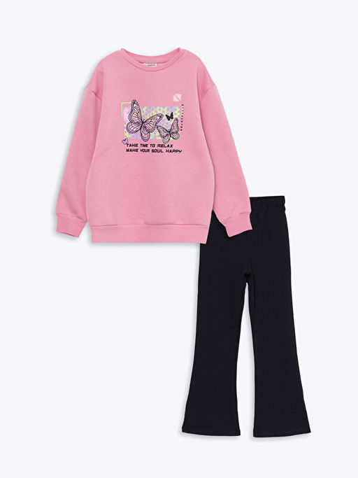 Bisiklet Yaka Bask?l? Uzun Kollu K?z ?ocuk Sweatshirt ve Tayt